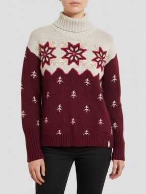 Woolrich Fair Isle Snowflake Turtleneck Sweater Red Cream Nordic Ski Lodge Cozy